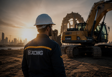 XCMG worker facing heavy equipment at a construction site
