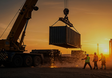 Crane lifting a container at sunset