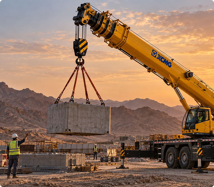 Mobile crane lifting concrete on a construction site