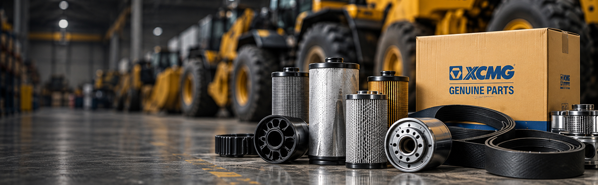 Genuine XCMG parts and filters in a parts warehouse