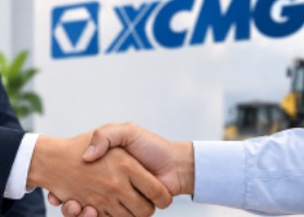 Business handshake in front of an XCMG sign